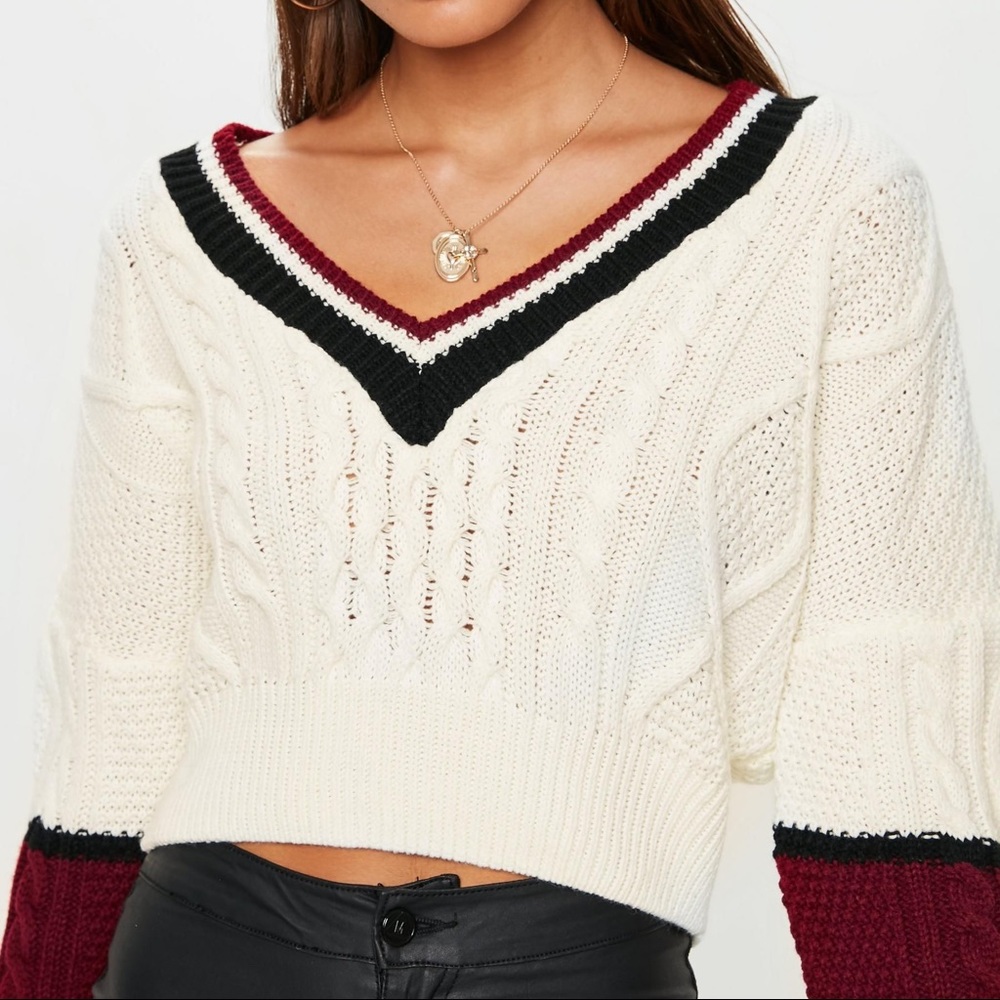 Missguided V Neck Color Block Cable Sweater Ivory